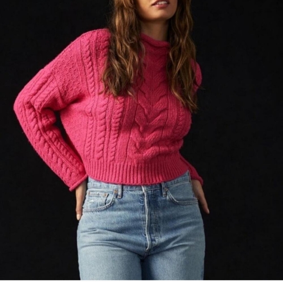 Pilcro Anthropologie Women's Pink Mock-Neck Cable-Knit Sweater Size XS - Picture 2 of 11